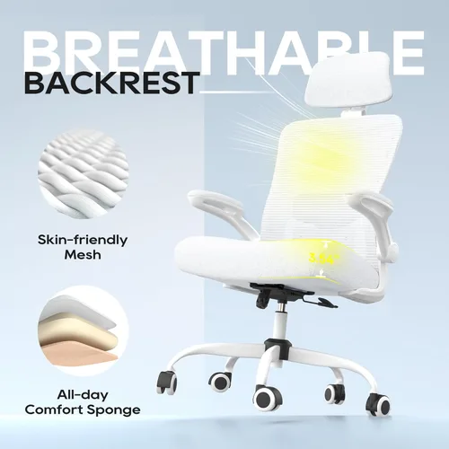 Miniatura 7 de Silla de oficina, silla de escritorio ergonómica de malla con soporte lumbar ajustable y reposacabezas, reposabrazos abatibles, silla de trabajo