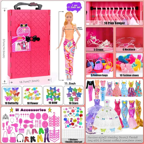 Miniatura 2 de Juego de 139 piezas de muñeca y armario de moda de 11.5 pulgadas: vestido de novia, trajes, zapatos, bolsos, collar, accesorios de calcomanías