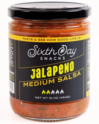 Sixth Day Snacks Salsa mediana de jalapeño (16 onzas), sin gluten, ingredientes frescos, vegana y baja en sodio