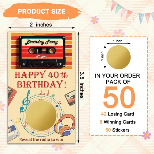 Miniatura 2 de Haizct 50 tarjetas rascadoras de feliz cumpleaños 40, juego retro para raspar de radio para amantes de la música, suministros de fiesta de regreso a