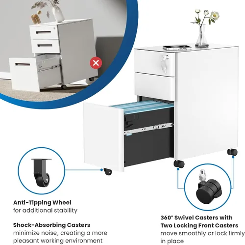 Miniatura 6 de Mount-It! Archivador delgado de 3 cajones con cerradura, archivador móvil de metal sobre ruedas para almacenamiento debajo del escritorio, hogar