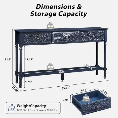Miniatura 2 de weselon Mesa consola tallada de 55.5 pulgadas con 3 cajones, mesa de sofá de 2 niveles con superficie floral brillante y patas de madera maciza