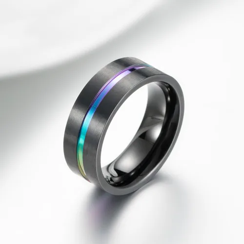Miniatura 2 de Anillo de boda INRENG para hombre, 0.315in, titanio arco iris, negro mate, cepillado