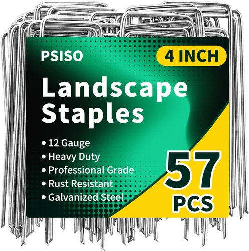 PSISO Paquete de 57 estacas de jardín galvanizadas en forma de U de 4 pulgadas, estacas de jardín resistentes calibre 12, pasadores de césped para