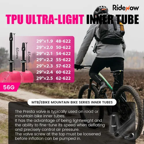 Miniatura 2 de RideNow - Paquete de 2 tubos interiores para bicicleta MTB de 24/ 26/27.5/29 pulgadas para 1.3-2.0/1.9-2.5, con válvula Presta de metal/TPU