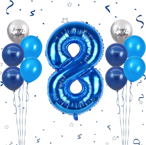 Miniatura 27 de Globos azules del número 18 de 40 pulgadas, globos de cumpleaños de 18 años, globos de látex azul claro y azul oscuro con impresión plateada