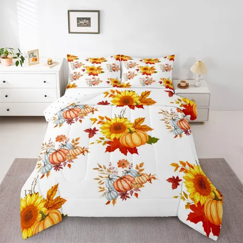 Miniatura 15 de Juego de edredón de calabaza de otoño tamaño individual para niños y niñas, juego de ropa de cama para niños, mujeres y hombres, ultra suave