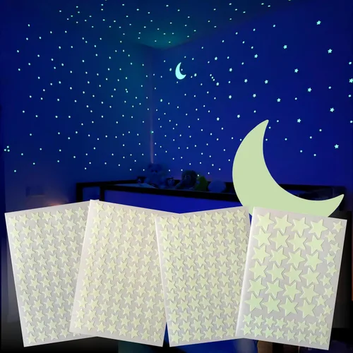 Miniatura 3 de Juego de estrellas y luna que brillan en la oscuridad, realista sin puntos ni cuadrados. Calcomanías en forma de estrella y luna, adhesivos