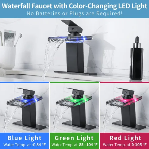 Miniatura 2 de Grifo de Lavabo LED para Baño - Grifo de Cascada de Orificio Único o de 4 Pulgadas de Centro en Negro Mate con Boquilla de Vidrio y Luces LED