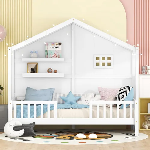 Miniatura 16 de RUNNA Marco de cama de madera de tamaño matrimonial con valla, para niños, adolescentes, niñas, niños, (Natural-Thinck 4col)