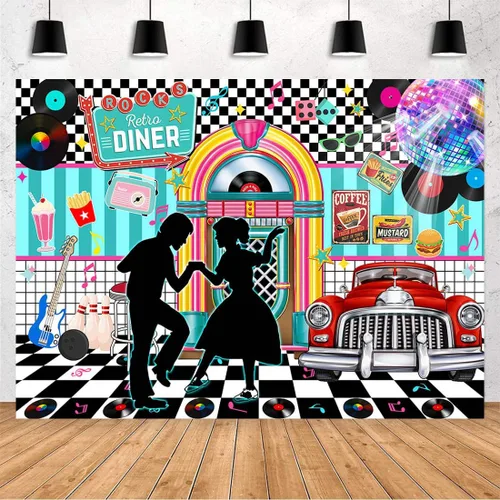 Miniatura 7 de Avezano Fondo retro de 7 x 5 pies de regreso a los años 50 Rock and Roll Retro Diner Disco Danza Fotografía Fondo de los años 50 Fiesta Tema Banner