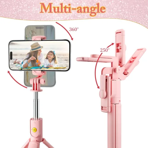 Miniatura 3 de Trípode rosa para selfie, con control remoto inalámbrico, transmisión en vivo y grabación de video, compatible con Android, iPhone y más