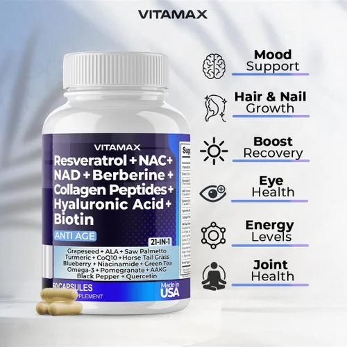 Miniatura 3 de Resveratrol NAD+ Berberina ácido hialurónico – Biotina Uva y Arándano + NAC – Péptidos de colágeno – Suplemento para cabello, uñas, piel