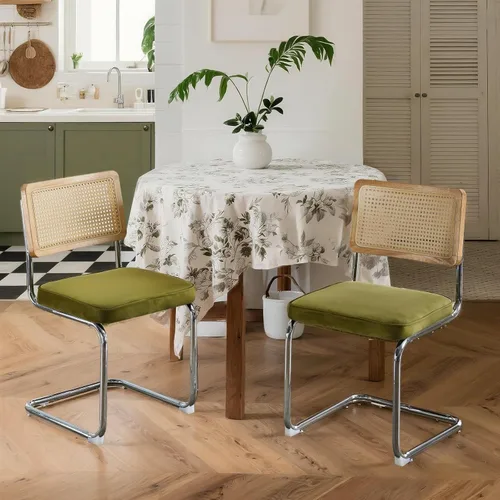 Miniatura 17 de Juego de 4 sillas de comedor de terciopelo tejidas a mano con respaldo de ratán y base cromada, silla de cocina de mediados de siglo, para comedor
