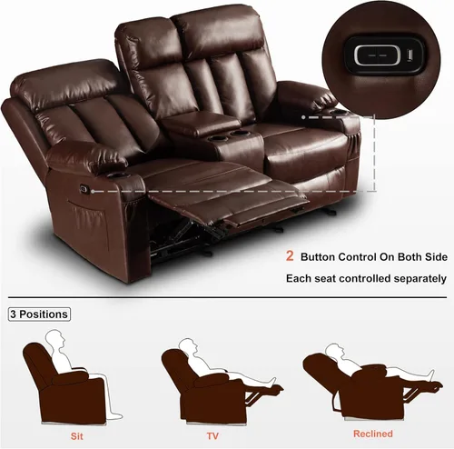 Miniatura 4 de MCombo Sillón reclinable eléctrico de dos plazas con consola, calor y masaje, sofá reclinable para sala de estar, cuero sintético 6095