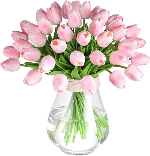 30 tulipanes artificiales de poliuretano, tulipanes falsos de tacto real rosa para el día de San Valentín, primavera, Pascua, hogar, cocina,