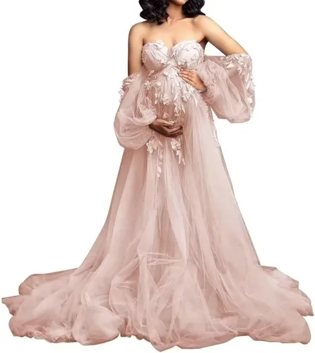 FONGYUSHUN Vestido de maternidad de tul con apliques para sesión de fotos, manga larga hinchada, lencería nupcial, vestido de embarazo, vestido de
