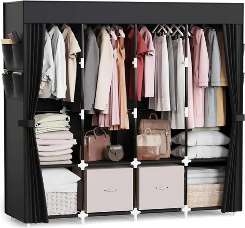 Miniatura 9 de Mavivegue Armario portátil, Armario de ropa, Armario portátil para colgar ropa, para dormitorio y sala de estar, Negro, 2 filas, 34" de ancho x 18