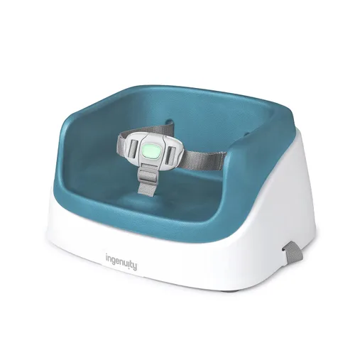 Asiento elevador SmartClean Toddler Booster de Ingenuity para mesa de comedor con correas de arnés de 3 puntos, azul pavo real