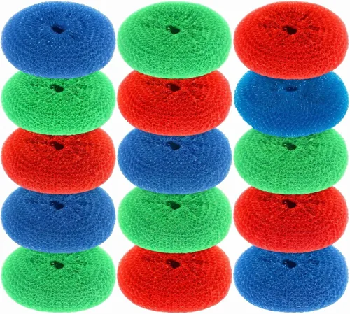 Miniatura 9 de Blulu Estropajos de plástico para platos, almohadilla redonda de nailon, almohadillas de malla que no rayan (colores arcoíris, 15 piezas)