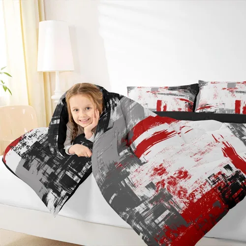 Miniatura 7 de Feelyou Edredón Abstracto Juego de Edredón de Arte Abstracto Moderno para Niños y Niñas Juego de Ropa de Cama con Patrón Rojo Gris Negro Decoración