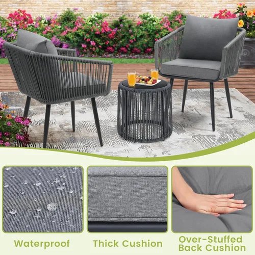 Miniatura 4 de Kromax Juego de 3 piezas de muebles de ratán para patio, juego de mimbre para café al aire libre, sillas y mesa auxiliar, ideal para balcón, porche