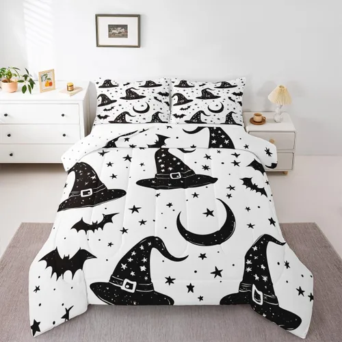 Miniatura 10 de Juego de edredón de Halloween, ropa de cama individual con diseño de calabaza y gato para niñas y niños, juego de ropa de cama de poción mágica