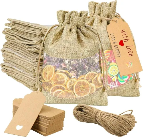 Miniatura 8 de GIOIPC 20 bolsas transparentes de arpillera de lino de 5 x 7 pulgadas con cordón y etiquetas de regalo adicionales para boda y cumpleaños, bolsas