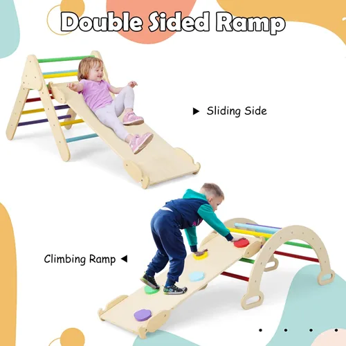 Miniatura 4 de Olakids Triángulo Pikler Set 7 en 1 Juguetes de Escalada para Niños Pequeños de 1-3 Años Interior Plegable Madera Montessori Gimnasio de la Selva
