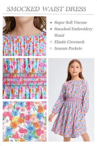 Miniatura 3 de Vestido floral con cintura fruncida para niñas, ropa de juego para la iglesia, vacaciones, vestido midi suave con bolsillos