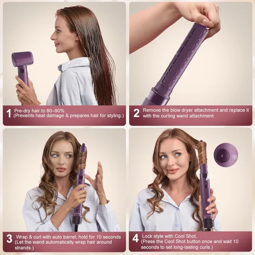 Miniatura 8 de Mythsight StyleVibe 6-en-1 estilista de aire, secador de pelo y cepillo secador de pelo con estuche de viaje - Rulos de enrollado automático (L/R)