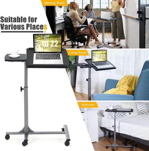 Miniatura 9 de Tangkula Escritorio para laptop sobre la cama, soporte para portátil móvil con mesa inclinable, mesita de noche ajustable de altura rodante
