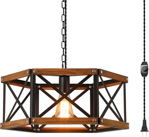 Lámpara Colgante Rústica de Granja Grande Enchufable con Cadena Ajustable, Interruptor Regulable, Lámpara Colgante de Madera de Roble y Jaula de