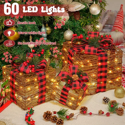 Miniatura 5 de LAWOHO - Juego de tres cajas de regalo de iluminación navideña de tres piezas de 31 cm, cajas de regalo LED operadas por batería y USB con imitación