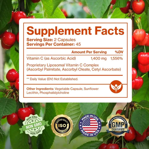Miniatura 5 de Pure Micronutrients Vitamina C liposomal pura, suplemento de 1400 mg, 90 cápsulas, píldoras de ácido ascórbico VIT C de alta absorción