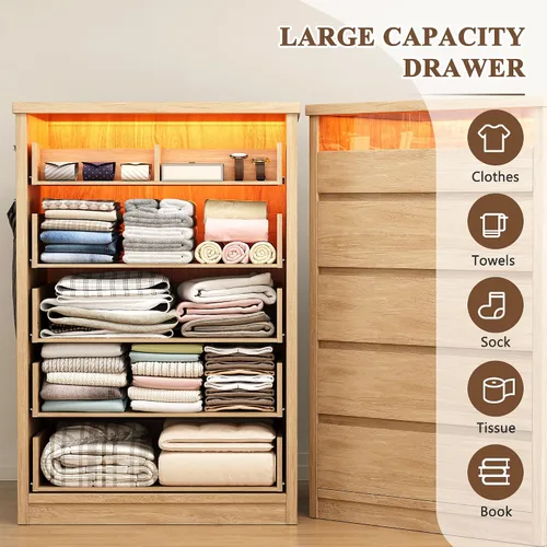 Miniatura 3 de Jocoevol Cómoda de 5 cajones para dormitorio con luz LED, cómoda moderna con asas ocultas, armario alto de madera para sala de estar, entrada