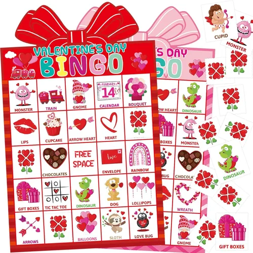 Fancy Land Juego de bingo para el día de San Valentín para niños, 24 jugadores, troquelado, día de San Valentín, juego de actividades de fiesta en