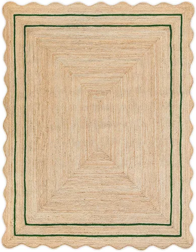 Miniatura 7 de Alfombra de Yute Natural Ondulada Festoneada - Corredor de Entrada Boho, Festón de Granja, Azul Cielo (2'x3')