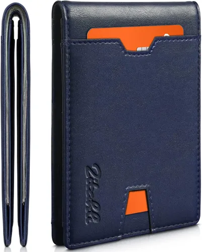 Zitahli Carteras de los hombres Slim Rfid cuero plegable con caja de regalo, Azul clásico, Minimalista