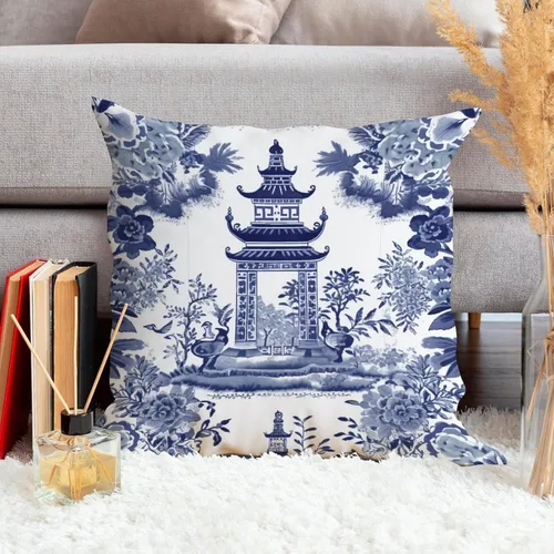 Miniatura 4 de ArogGeld Chinoiserie - Funda de cojín con diseño de pagoda asiática azul índigo, diseño cuadrado de flores y pagoda asiática, para oficina, silla