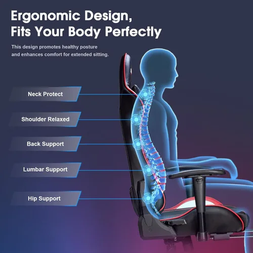 Miniatura 2 de Silla de masaje para juegos de 7 puntos, silla de oficina con reposapiés y soporte lumbar, altura del asiento ajustable ergonómica, 175° reclinable