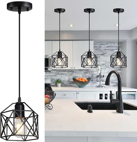 Lámpara colgante vintage de 1 luz, lámpara de techo colgante con jaula de metal para cocina, isla, comedor, restaurante, pasillo, hotel, bar