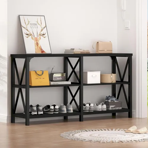 LVB Mesa Consola Negra, Mesa de Entrada Moderna con 3 Niveles de Estantes de Almacenamiento, Mesa de Sofá Industrial Detrás del Sofá para Sala de