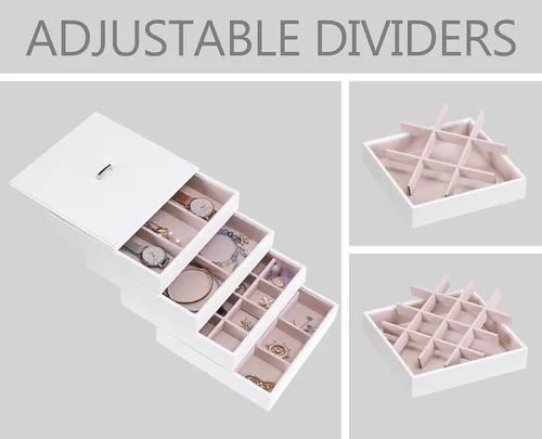 Miniatura 7 de BEWISHOME Bandejas organizadoras de joyas, bandejas apilables para almacenamiento de aretes con tapa para aparador y cajón, 32 ranuras para anillos