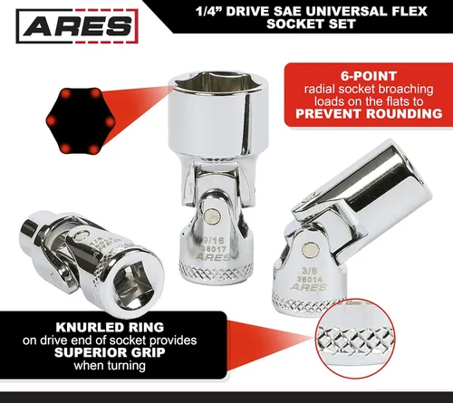 Miniatura 3 de ARES 39014 - Juego de dados flexibles universales SAE de 7 piezas con impulsor de 1/4 de pulgada - Dados de 6 puntos de 3/16 de pulgada a 9/16