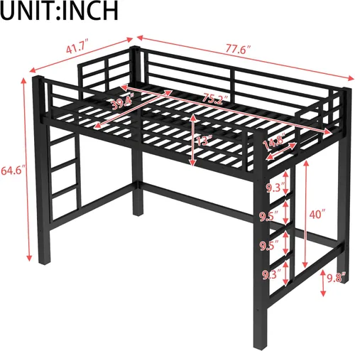 Miniatura 2 de Cama alta individual con escaleras, cama alta de metal individual con tapones antivibraciones y reducción de ruido, cama alta resistente