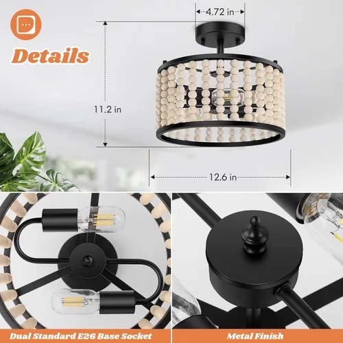 Miniatura 5 de Lámpara bohemia de granja - Lámpara de techo con cuentas de madera, lámpara de techo rústica semiempotrada, lámpara negra de 2 luces para cuarto