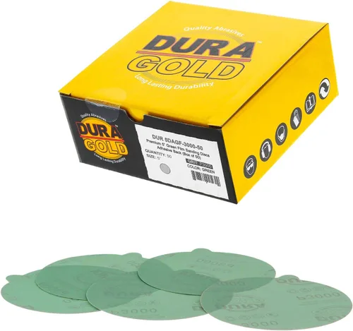 Miniatura 17 de Dura-Gold Discos de lija PSA de película verde de 5 pulgadas, grano 180 (caja de 50), discos de papel de lija autoadhesivos con parte trasera
