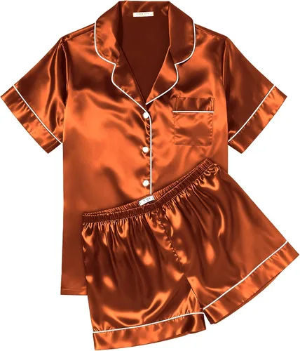 Miniatura 27 de Ekouaer Conjunto de pijama de satén de seda para mujer, suave, de manga corta, con botones, ropa para dormir, camiseta y pantalones cortos, juego