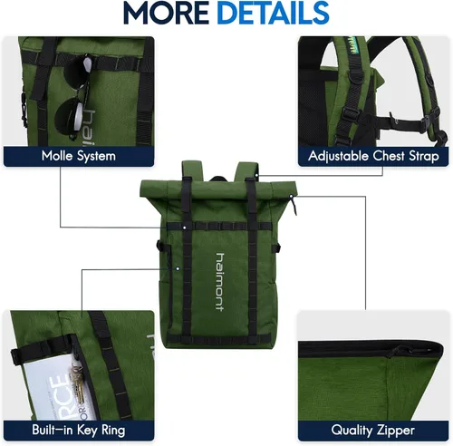 Miniatura 4 de Mochila con parte superior enrollable Haimont para hombres, mochila casual para portátil con 9 bolsillos para viajes, trabajo, caminatas, Verde